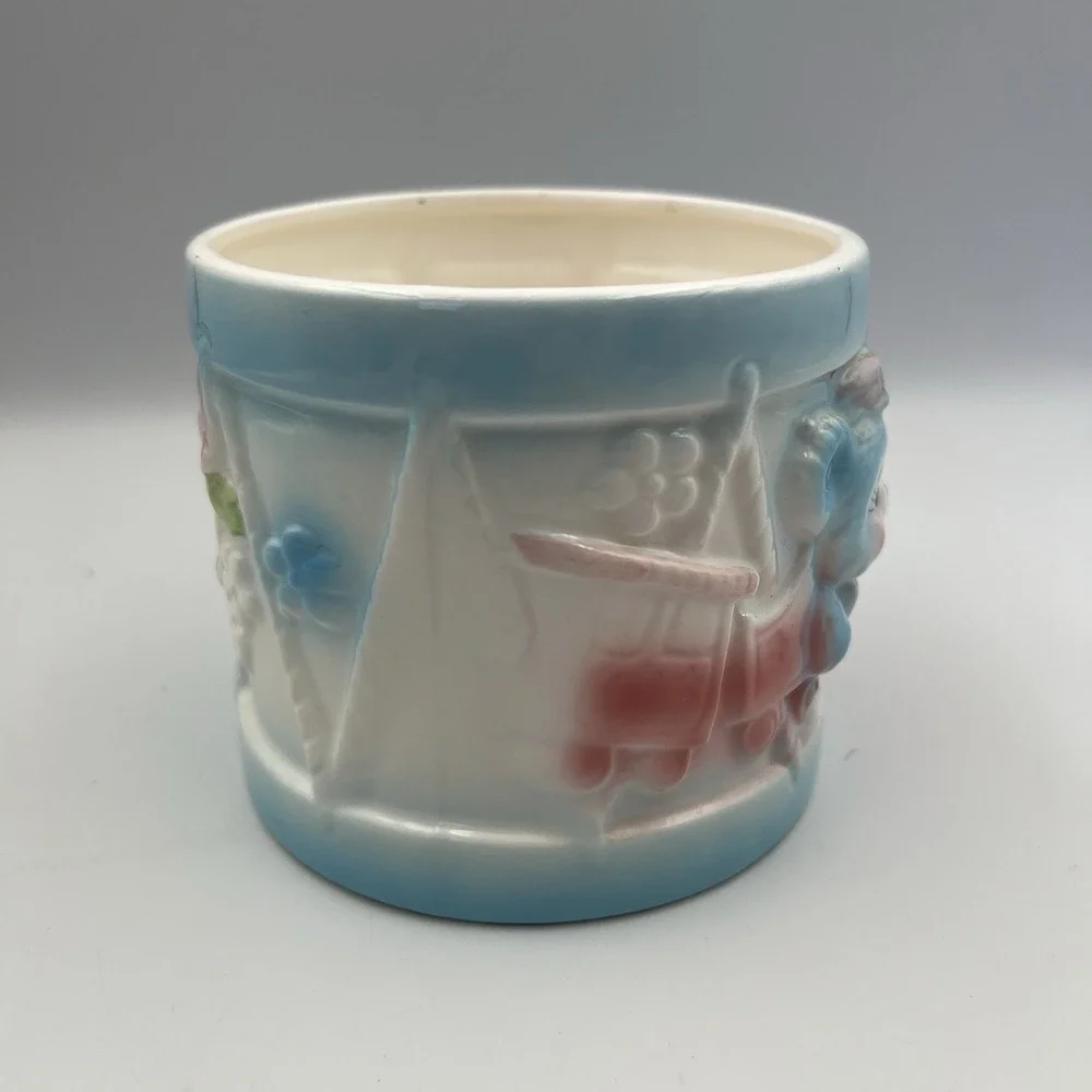 Vintage MCM Ardco Ceramic Baby Bear Train Flowers Nursery Planter Round Pastel